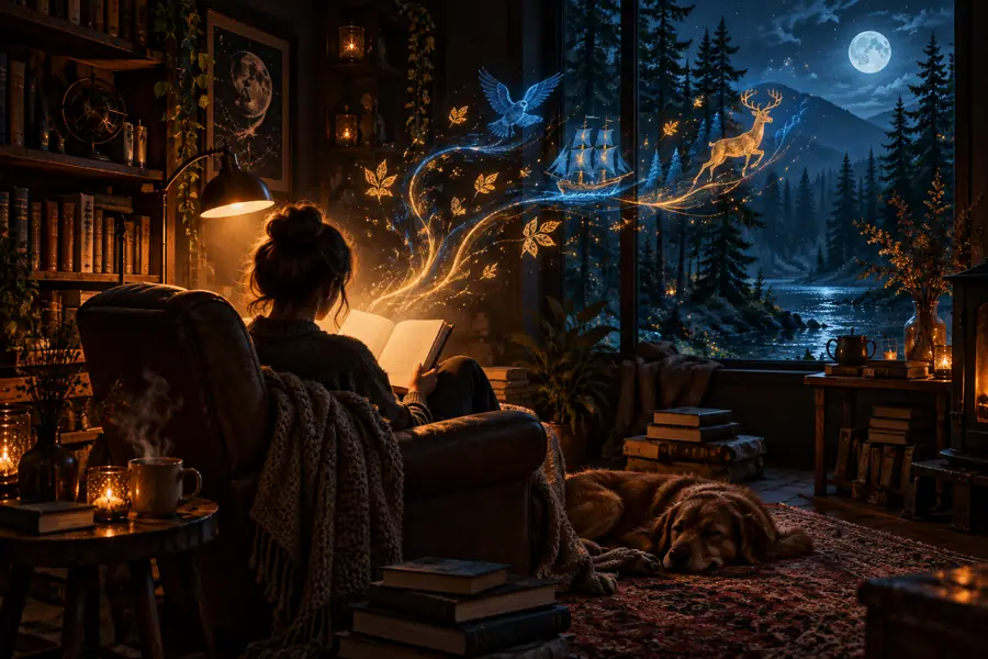 Written prompt describing a cozy reading room